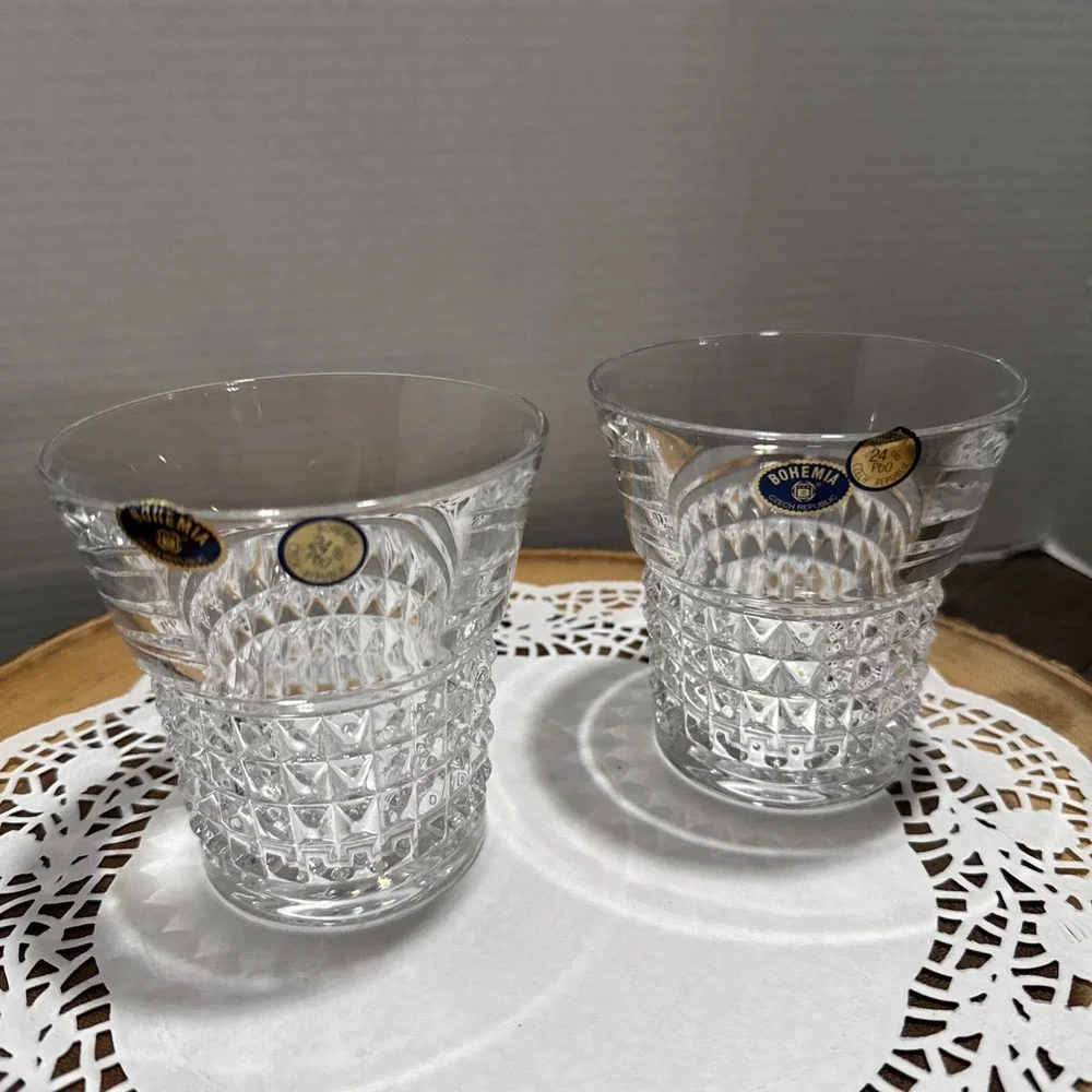 Bohemia 24% Lead Crystal Whisky Old Fashioned Tumblers Glasses Set of 2 Czech